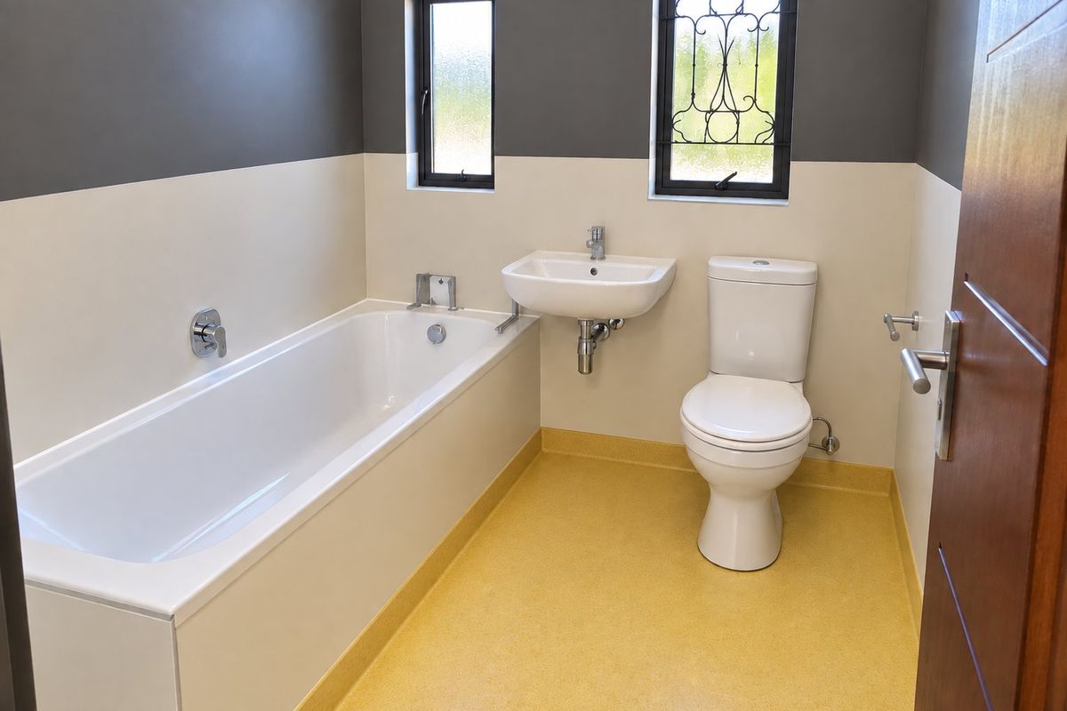 A clean, functional bathroom featuring a white bathtub, wall-mounted basin, and toilet with contrasting two-tone wall paint and yellow vinyl flooring.