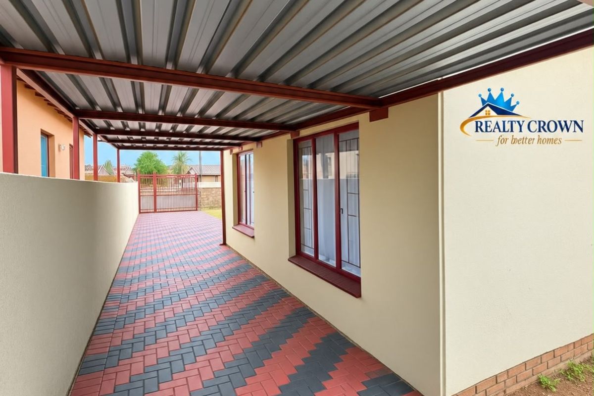 A well-maintained covered side walkway or carport area featuring patterned paving, steel roofing, and secure boundary walls.
