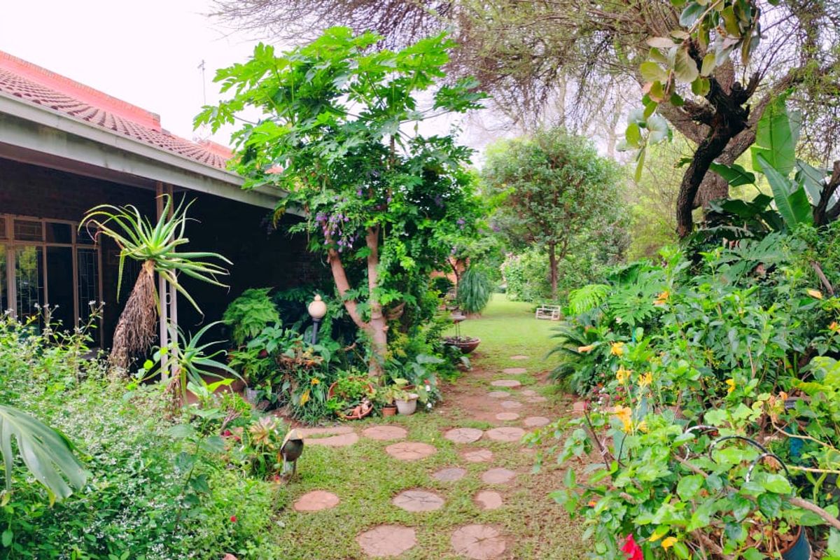 A lush, well-established rear garden featuring a stone stepping path, mature trees, and a covered patio area attached to the main house structure.
