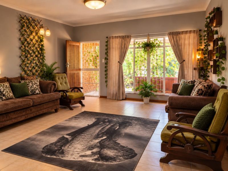 A comfortable living room featuring tiled flooring, natural light through large windows with security bars, and direct access to an outdoor area.