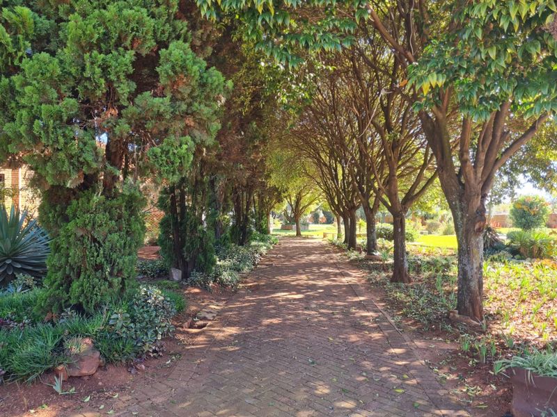 A well-maintained garden featuring a brick-paved pathway lined with mature trees and established landscaping.