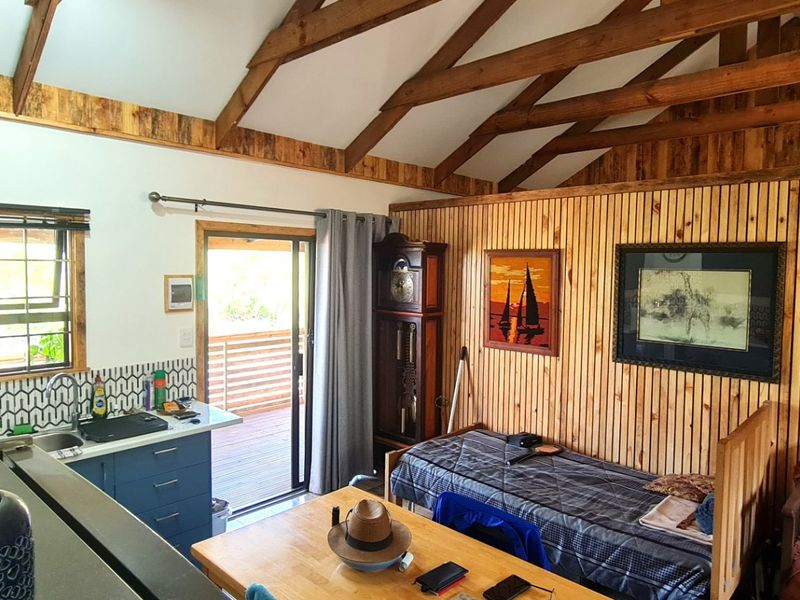 Open-plan living area featuring exposed timber roof trusses, wood-paneled walls, and a compact kitchen corner with direct access to an outdoor deck.