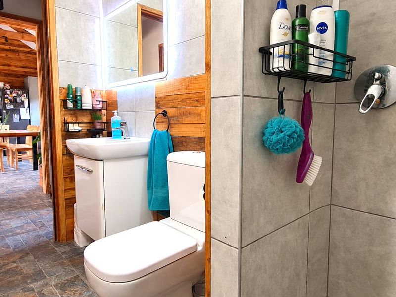 A modern bathroom featuring a vanity basin, toilet, and tiled shower area, with a view into the adjacent open-plan living and kitchen space.