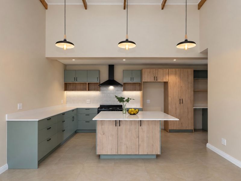 Modern kitchen featuring a central island, quartz countertops, two-tone cabinetry, and high ceilings with exposed beams, offering a clean and contemporary aesthetic.