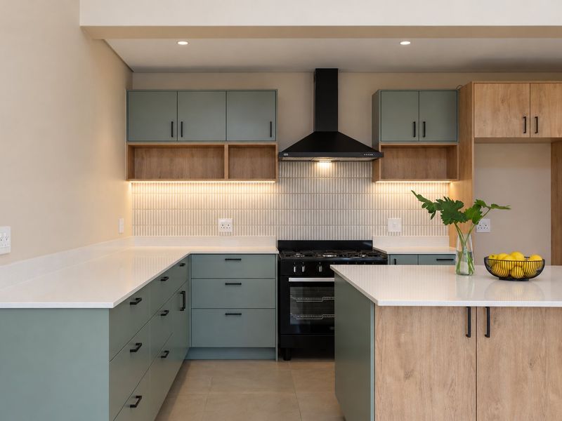 Modern kitchen featuring sage green and wood-tone cabinetry, quartz countertops, a central island, and integrated gas cooking appliances with stylish tiled backsplash.