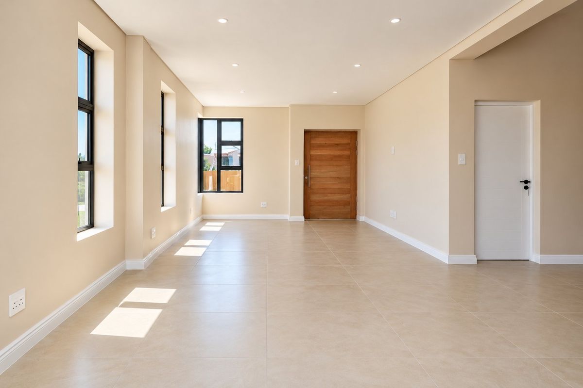 A bright, spacious, and empty living area featuring neutral tiled floors, modern recessed lighting, and large black-framed windows.