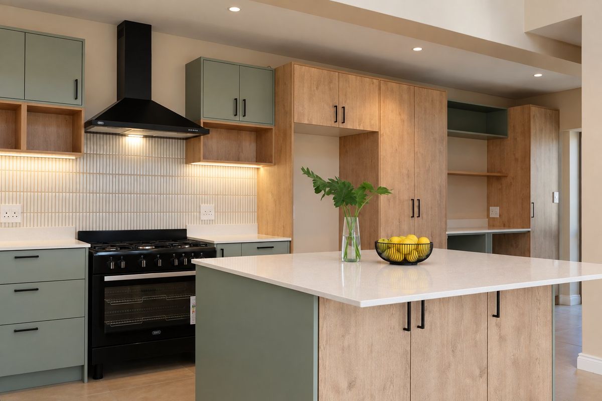 Modern kitchen featuring sage green and wood-grain cabinetry, a central island with quartz countertops, and a high-end black gas stove with extractor.