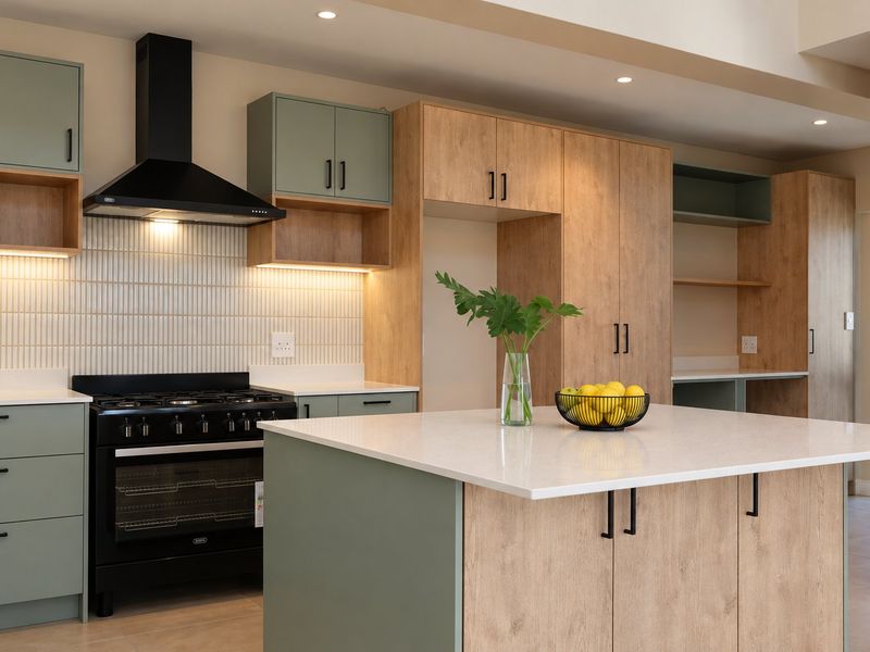 Modern kitchen featuring sage green and wood-grain cabinetry, a central island with quartz countertops, and a high-end black gas stove with extractor.