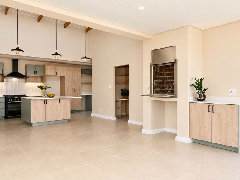 Spacious open-plan kitchen and living area featuring modern wood-tone cabinetry, a central island, built-in indoor braai, and tiled flooring throughout.