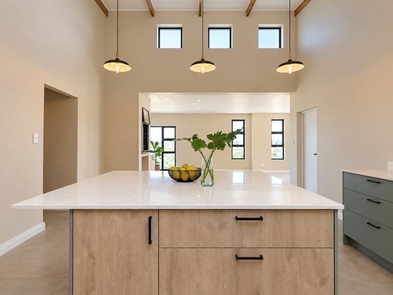 Modern kitchen featuring a large central island with stone countertops, pendant lighting, and high ceilings with exposed beams, creating an open and airy atmosphere.