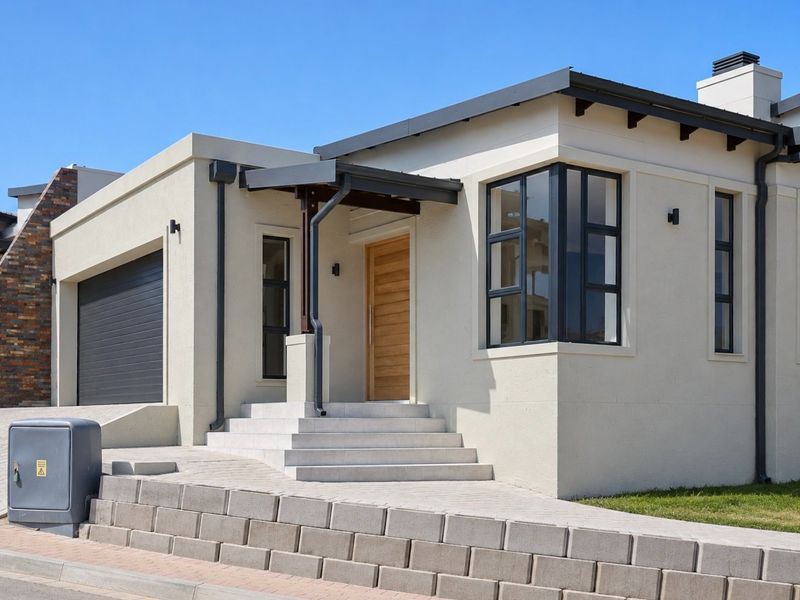 Modern front facade featuring a timber entrance door, dark aluminium window frames, a single garage, and clean rendered exterior walls.