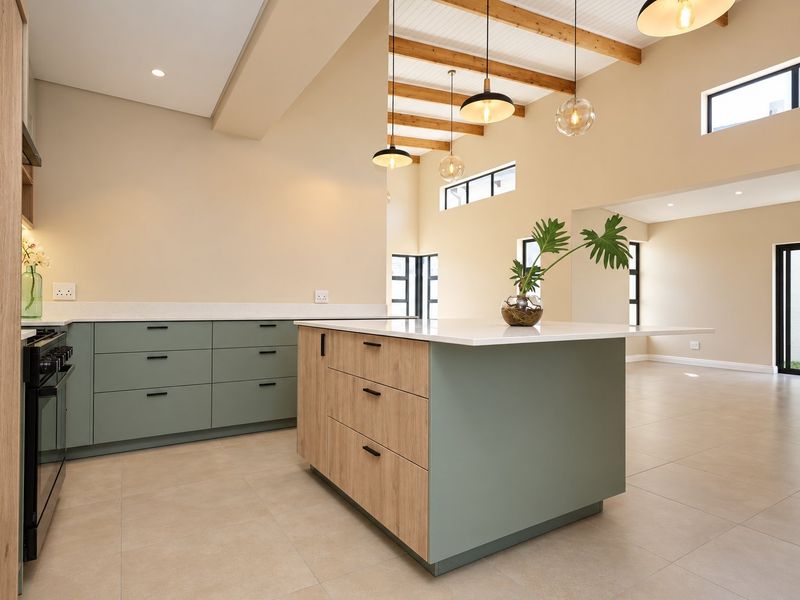 Modern open-plan kitchen featuring a central island, quartz countertops, sage green and wood-grain cabinetry, and high ceilings with exposed timber beams.