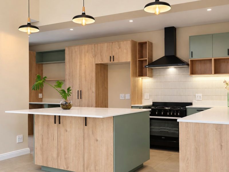Modern kitchen featuring a central island, wood-tone and sage cabinetry, quartz countertops, and a professional-style gas stove with a black extractor fan.