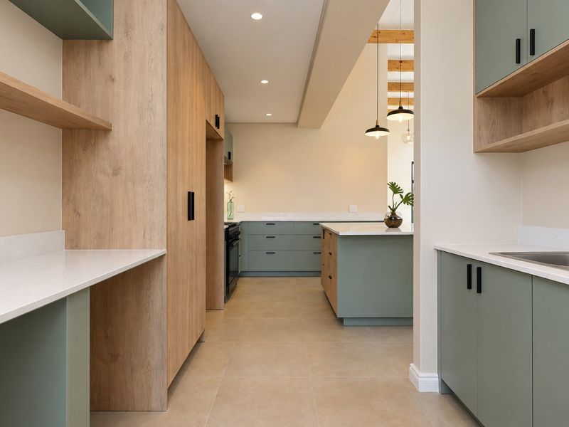 Modern kitchen featuring sage green and wood-tone cabinetry, stone countertops, a central island, and high-quality integrated fixtures with recessed and pendant lighting.