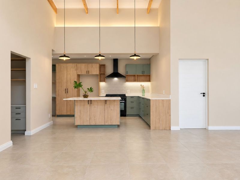 Modern open-plan kitchen featuring light wood and sage cabinetry, a central island, tiled flooring, and high ceilings with exposed timber beams.