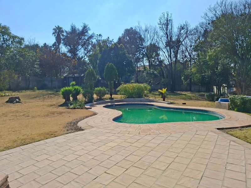 A spacious backyard featuring a kidney-shaped swimming pool with a paved surround, set within a large, established garden with mature trees.