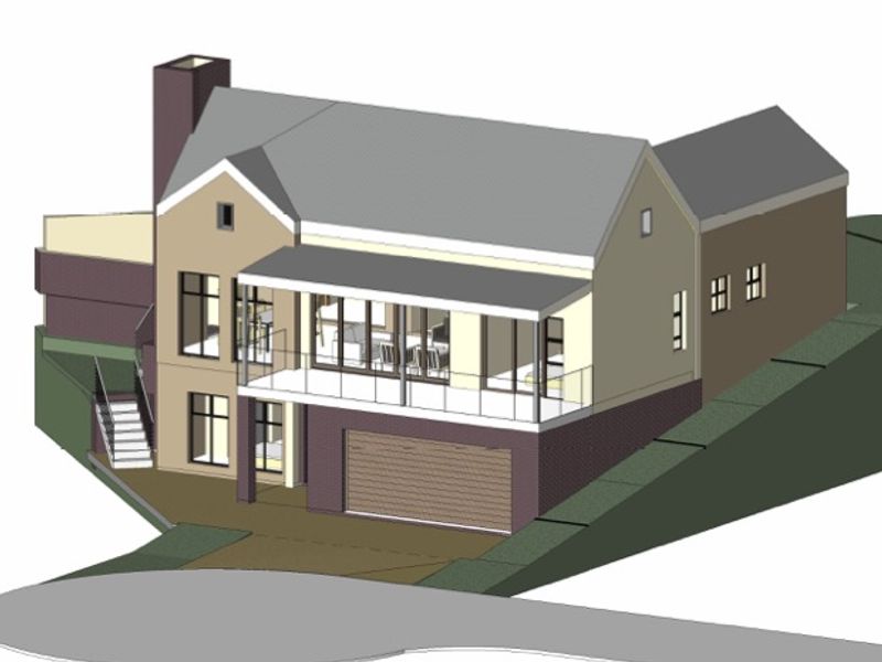 A 3D architectural render of a modern residential property featuring a garage, balcony, and external staircase.