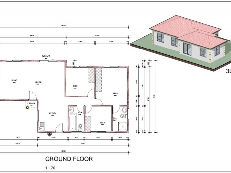 Architectural floor plan and 3D perspective view showing the layout of a residential house including living areas, kitchen, and bedrooms.