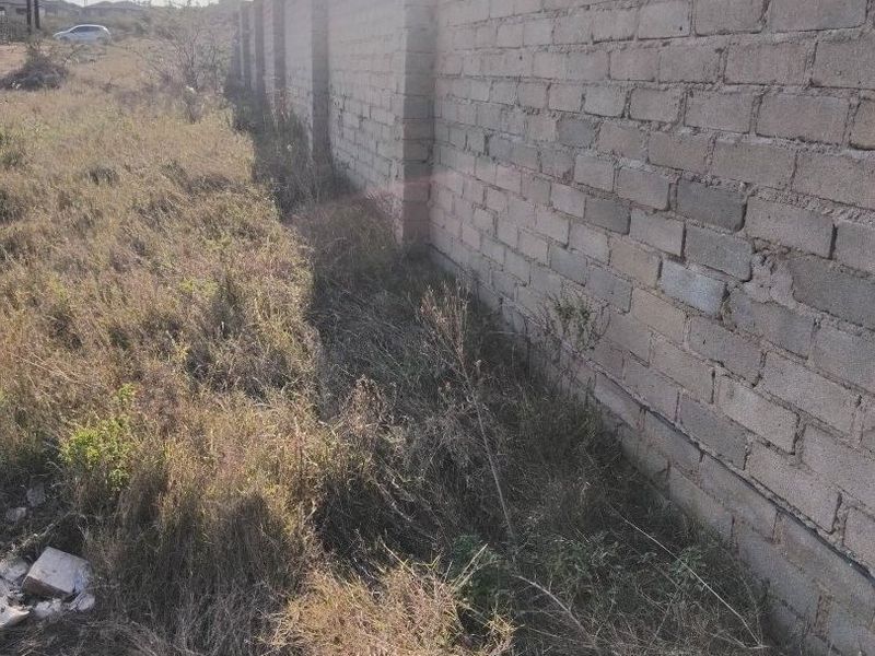 A view of the vacant residential land featuring an unplastered perimeter brick wall and overgrown vegetation on the plot.