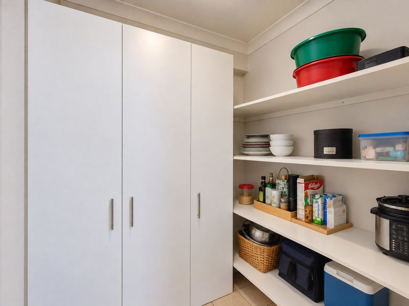 A functional scullery or pantry area featuring clean white built-in cabinetry and ample open shelving for organized storage.