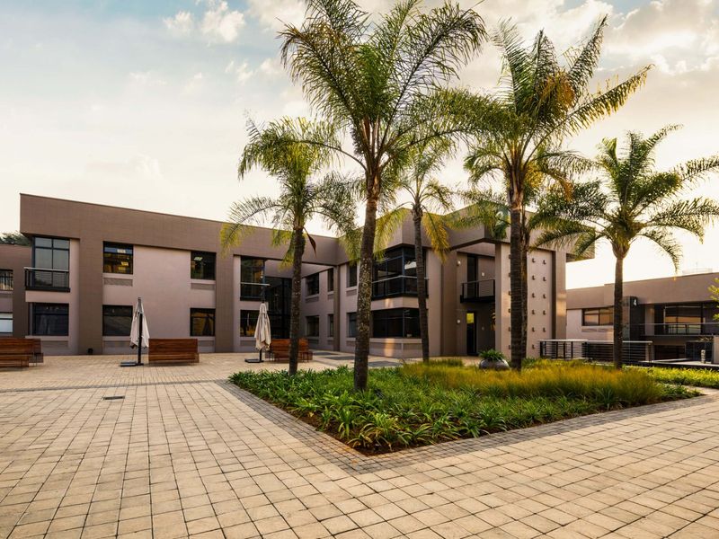 A well-maintained commercial courtyard featuring paved walkways, landscaped garden beds with palm trees, and modern multi-story building facades with balconies.