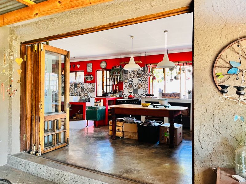 Spacious kitchen featuring polished concrete floors, vibrant red walls, patterned tile backsplashes, and large bi-fold doors opening to an outdoor area.