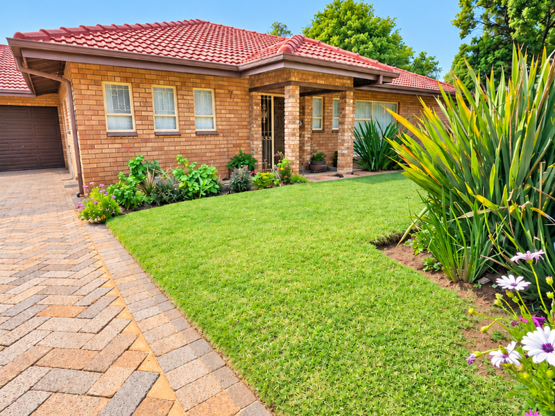 Well-maintained single-story brick house featuring a tiled roof, paved driveway, integrated garage, and a neatly landscaped front garden.