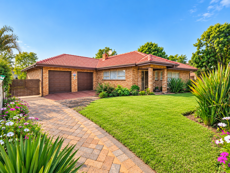 A well-maintained single-story brick house featuring a tiled roof, double garage, paved driveway, and a neatly landscaped front garden.