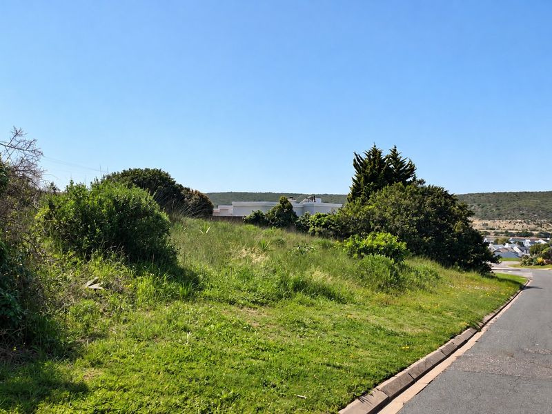 A street-level view of a sloped, undeveloped residential plot featuring natural grass and shrubbery, situated along a paved suburban road.