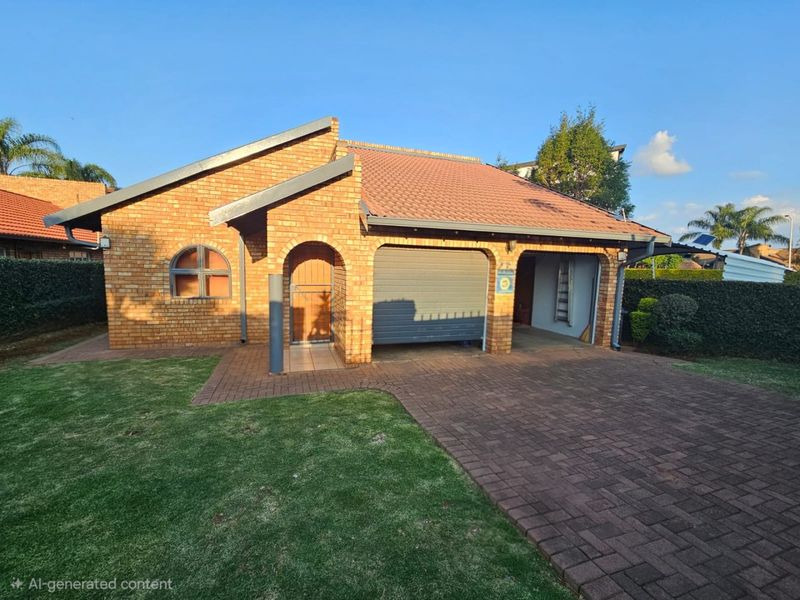 A well-maintained face brick apartment featuring a tiled roof, paved driveway, and an integrated garage with an arched entrance.