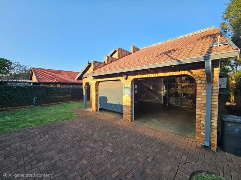 A well-maintained brick garage with a tiled roof and paved driveway, featuring a roll-up door and integrated security system.
