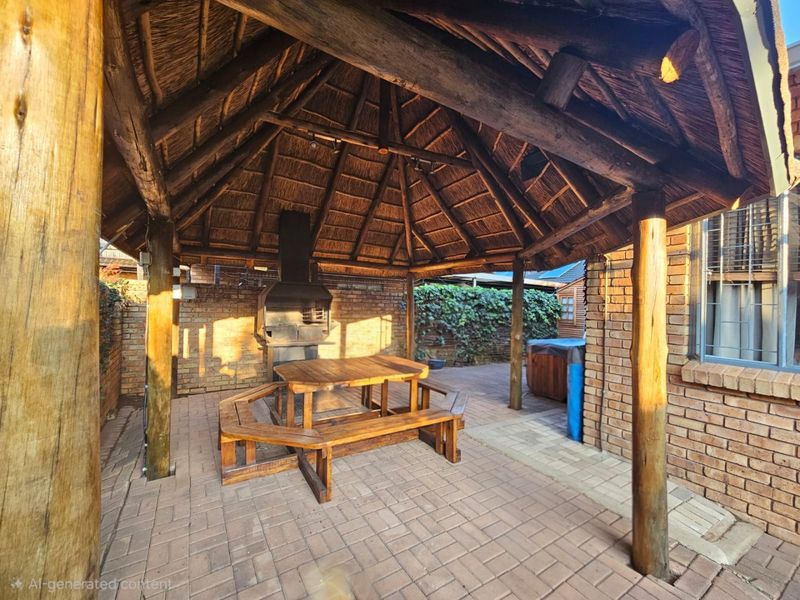 Covered outdoor patio area featuring a traditional thatch roof, timber support beams, and a built-in braai, set within a private brick-paved courtyard.