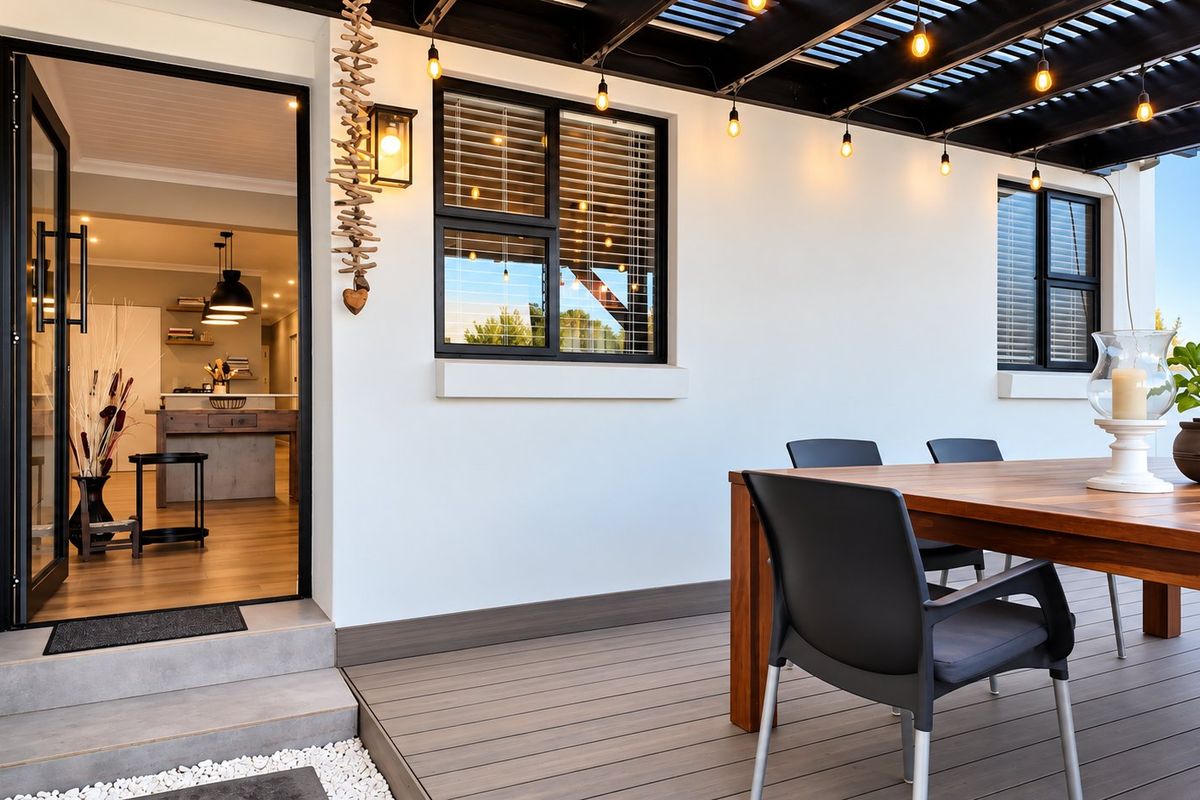 A well-maintained covered patio featuring composite decking, a modern pergola with string lighting, and direct access to the interior living space.