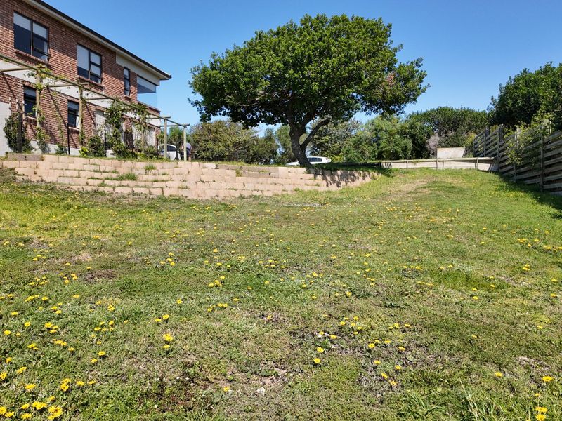 A spacious residential garden area featuring a tiered retaining wall, mature tree, and perimeter fencing, offering potential for landscaping or outdoor development.