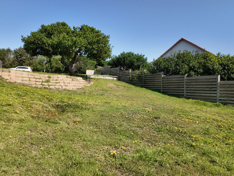 A sloped residential plot featuring a grass lawn, mature trees, a retaining wall, and perimeter timber and wire fencing.