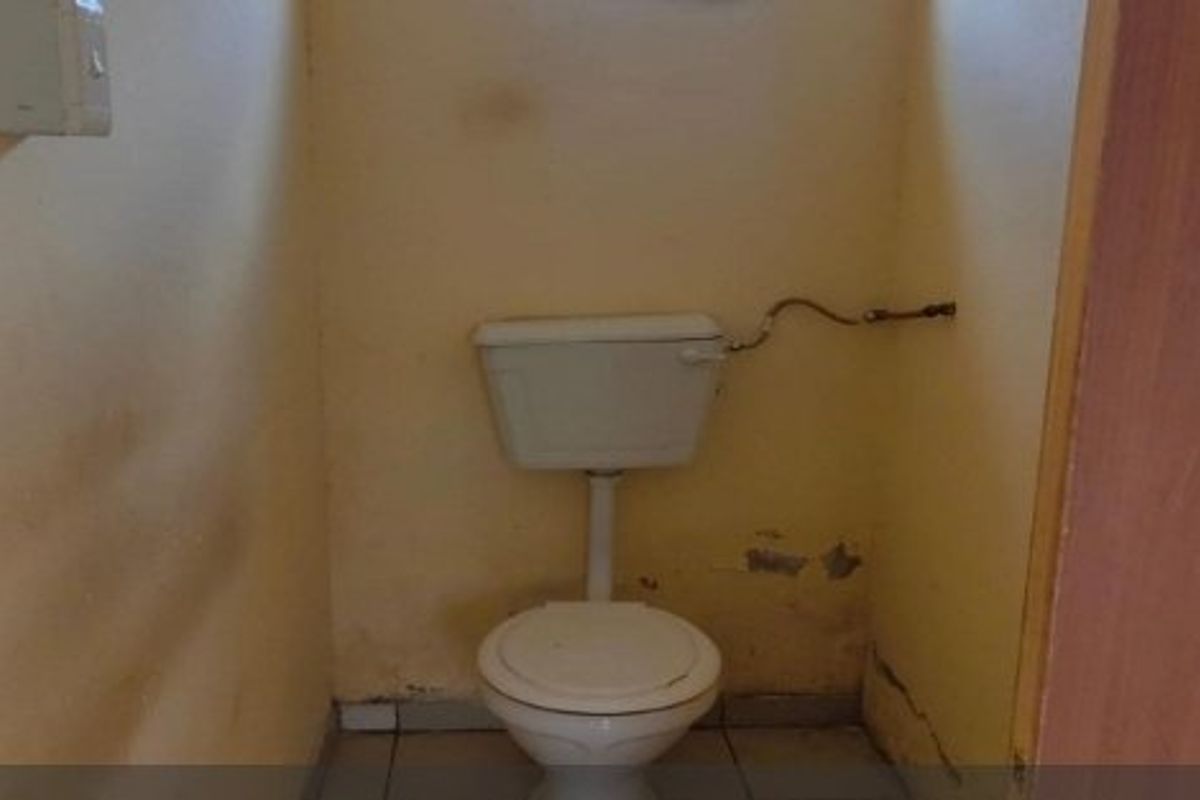 A small, dated bathroom featuring a standard toilet and cistern, requiring significant cosmetic updates and wall repairs.