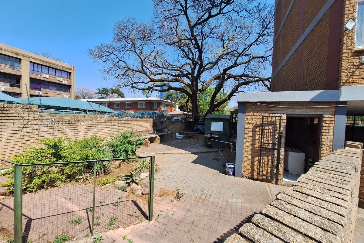 A paved rear courtyard area featuring a built-in braai, brick boundary walls, and security fencing, offering a functional outdoor space.