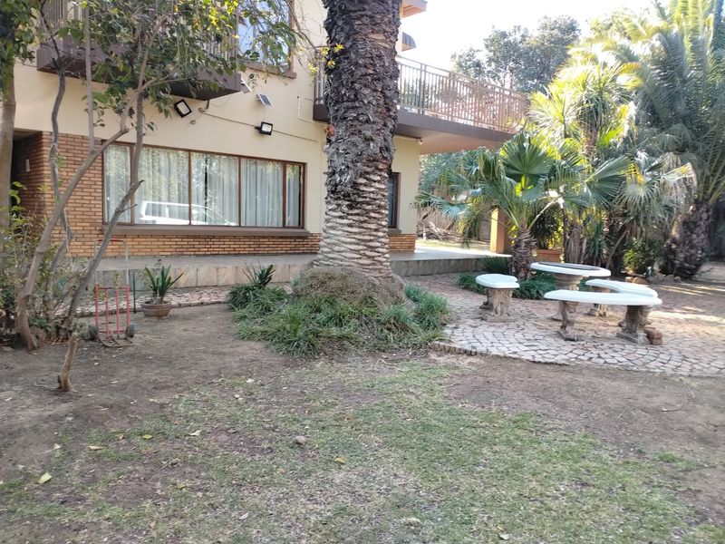 Rear exterior view of the house featuring a brick facade, a paved patio area, a balcony, and a mature garden with a large palm tree.
