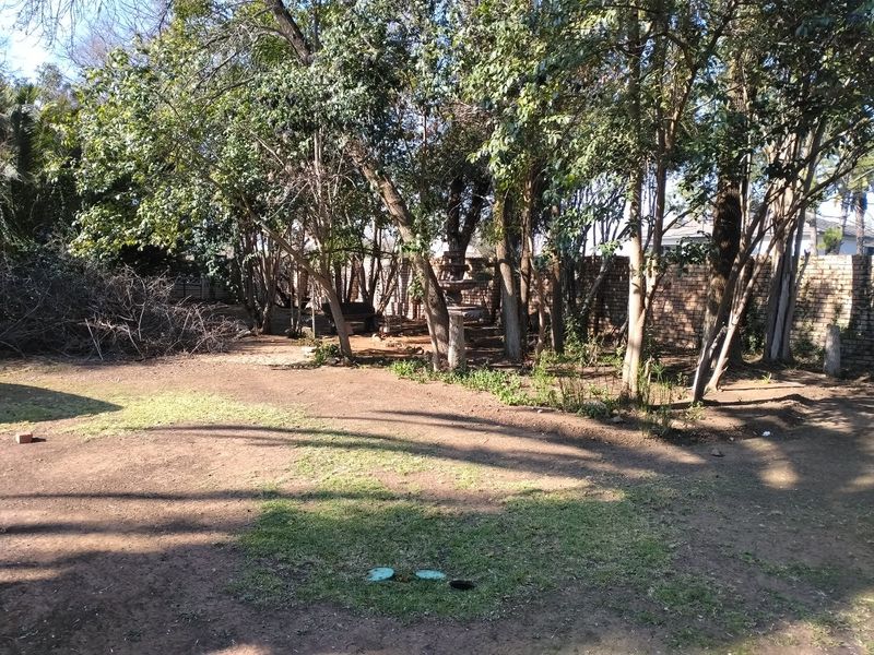 A spacious backyard area featuring mature trees and a brick boundary wall, currently requiring landscaping and lawn maintenance to improve its overall appeal.