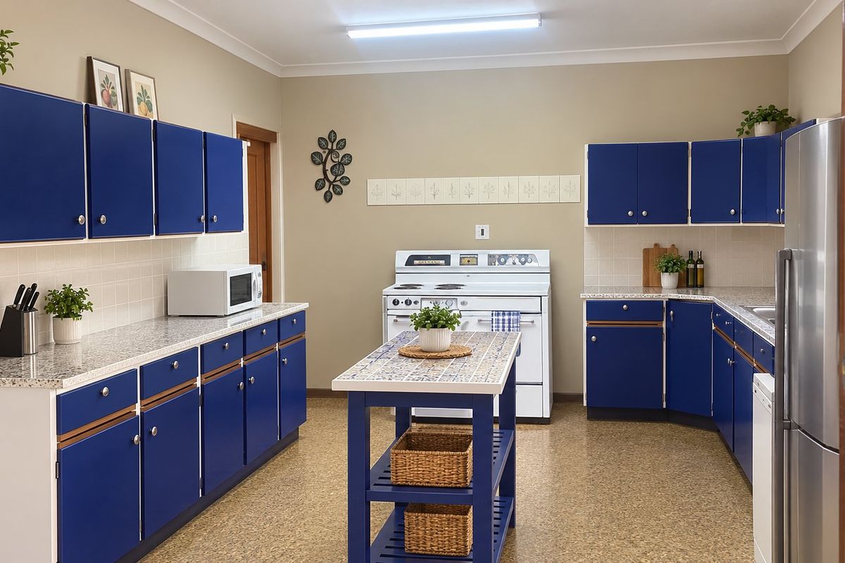 A functional kitchen featuring blue cabinetry, a central island, tiled backsplash, and a freestanding stove with ample counter space.