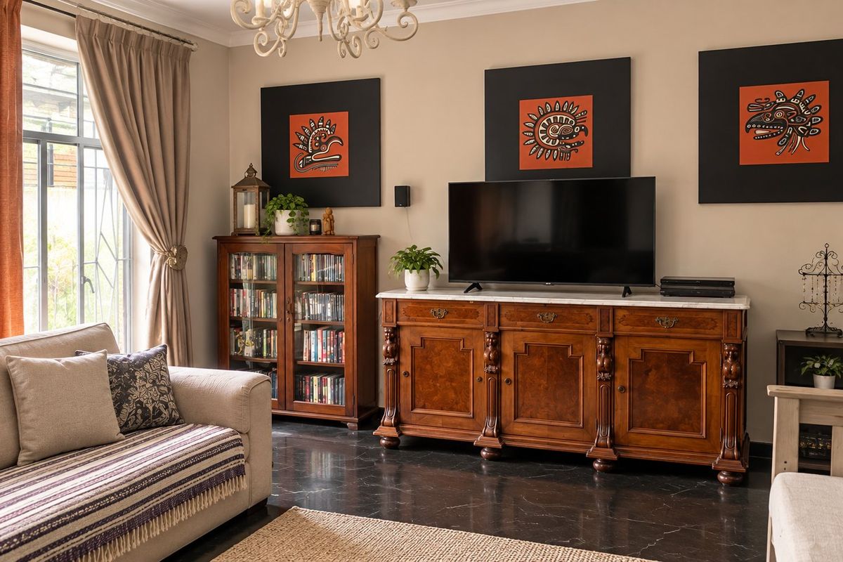 A well-maintained living room featuring polished marble flooring, decorative coving, and a classic chandelier, creating a warm and inviting atmosphere.