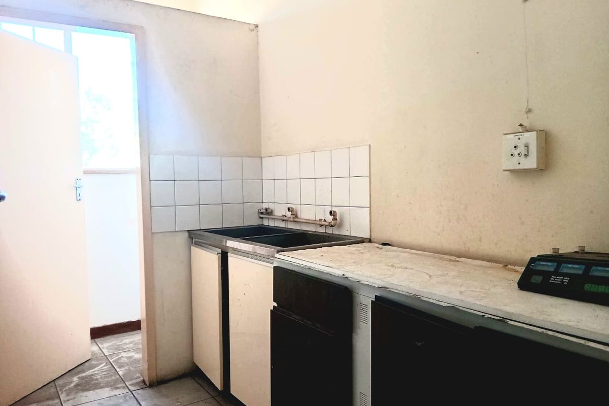 A basic, empty kitchen area featuring a stainless steel double sink, tiled splashback, and built-in cabinetry, requiring cosmetic updates and maintenance.
