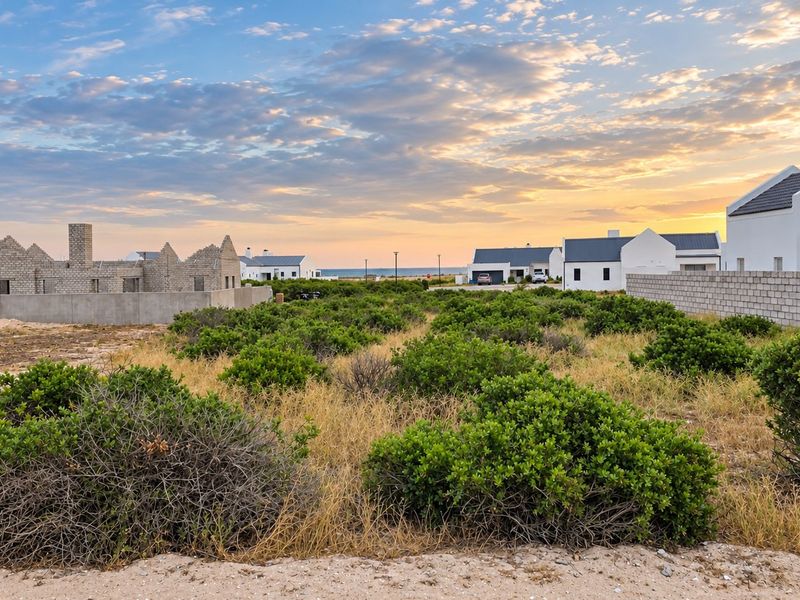 A vacant residential plot featuring natural coastal vegetation, surrounded by established residential properties and boundary walls in a quiet estate setting.