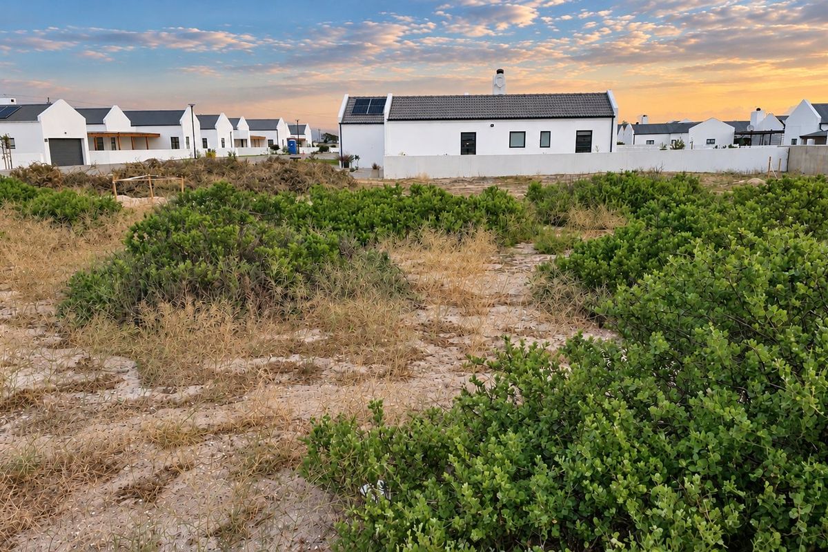 A vacant residential plot featuring native vegetation, situated in a developed estate with surrounding modern homes.