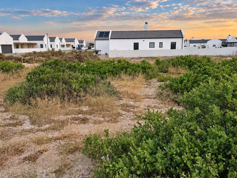 A vacant residential plot featuring native vegetation, situated in a developed estate with surrounding modern homes.