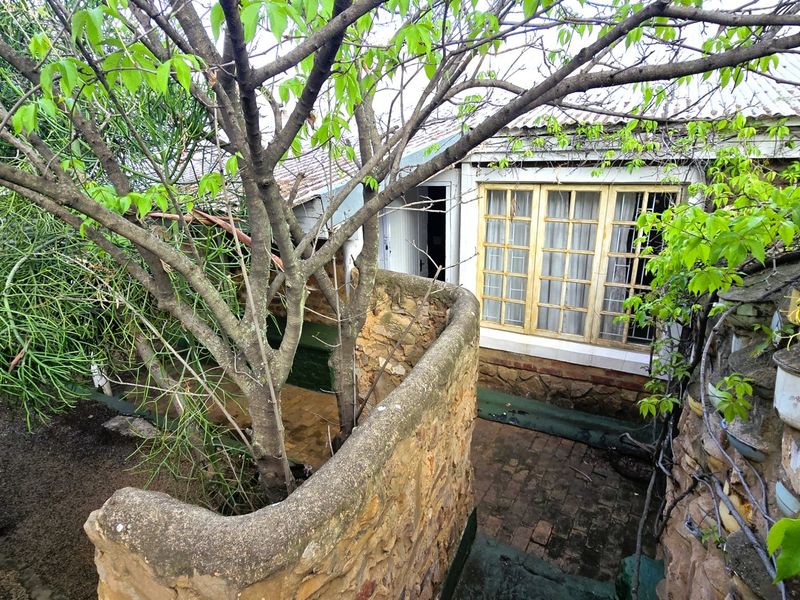 Rear exterior view of the property featuring a stone boundary wall, brick paved area, and timber-framed windows under a corrugated metal roof.
