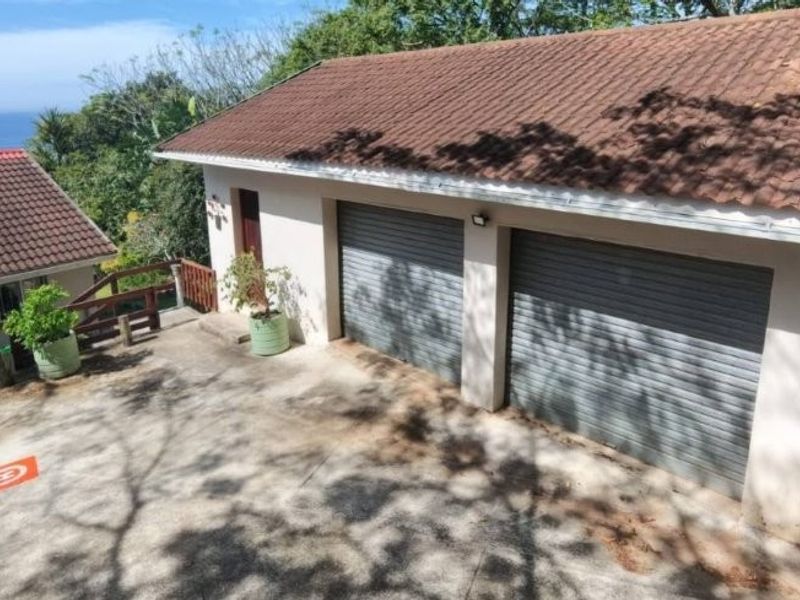 A detached double garage with roller doors, concrete driveway, and an external water storage tank, set in a coastal environment.