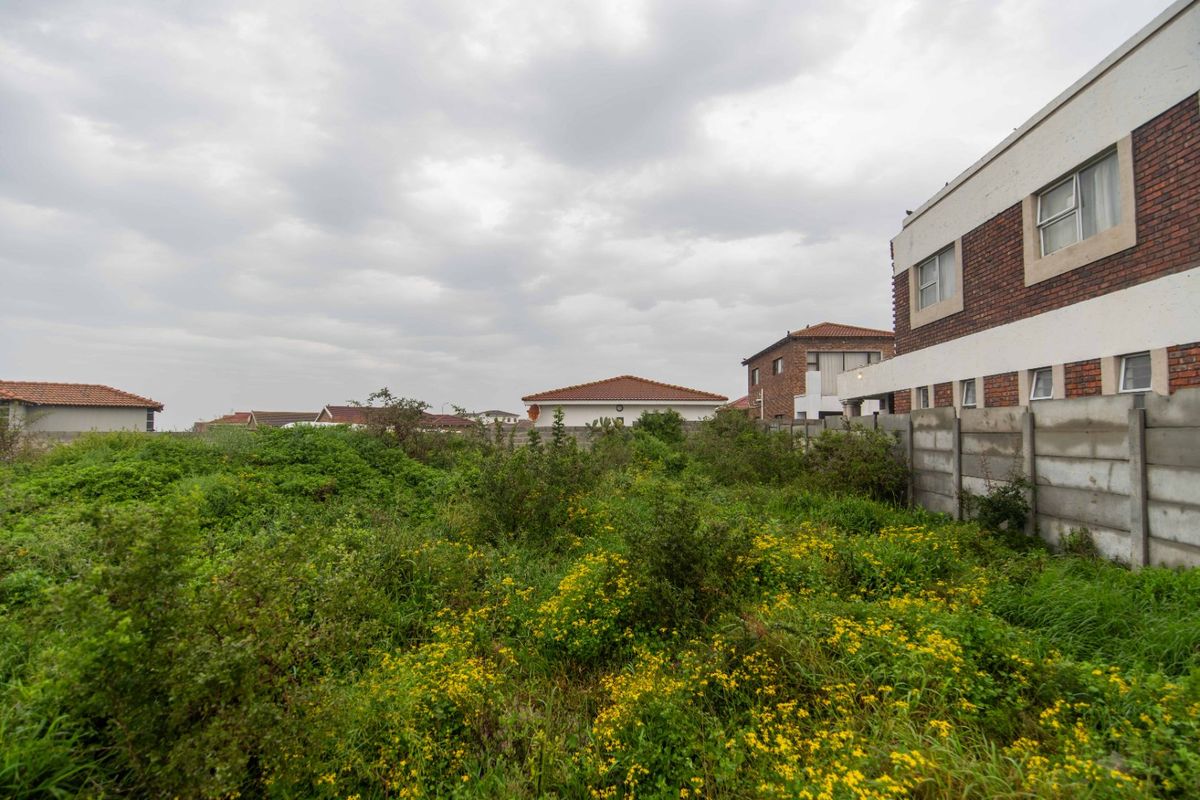 A vacant residential plot featuring overgrown vegetation, enclosed by a precast concrete boundary wall with neighboring residential properties visible.
