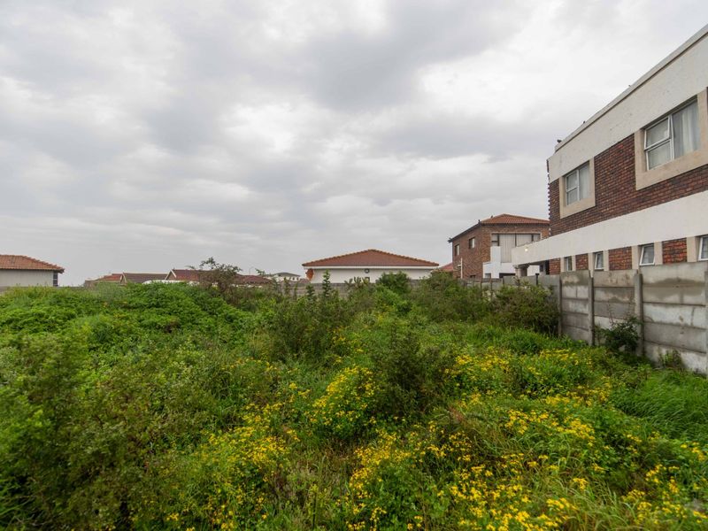 A vacant residential plot featuring overgrown vegetation, enclosed by a precast concrete boundary wall with neighboring residential properties visible.