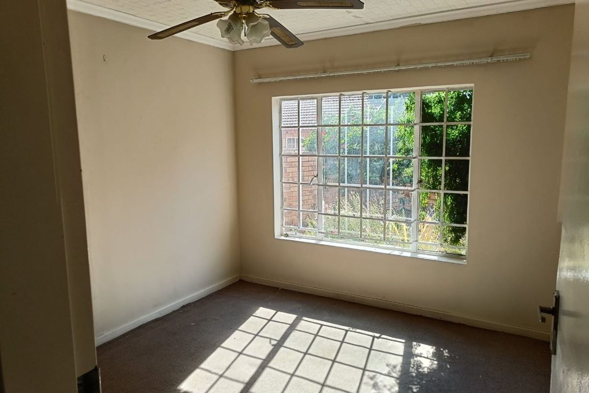 An empty bedroom featuring a ceiling fan, carpeted flooring, and a large grid-pattern window allowing natural light.